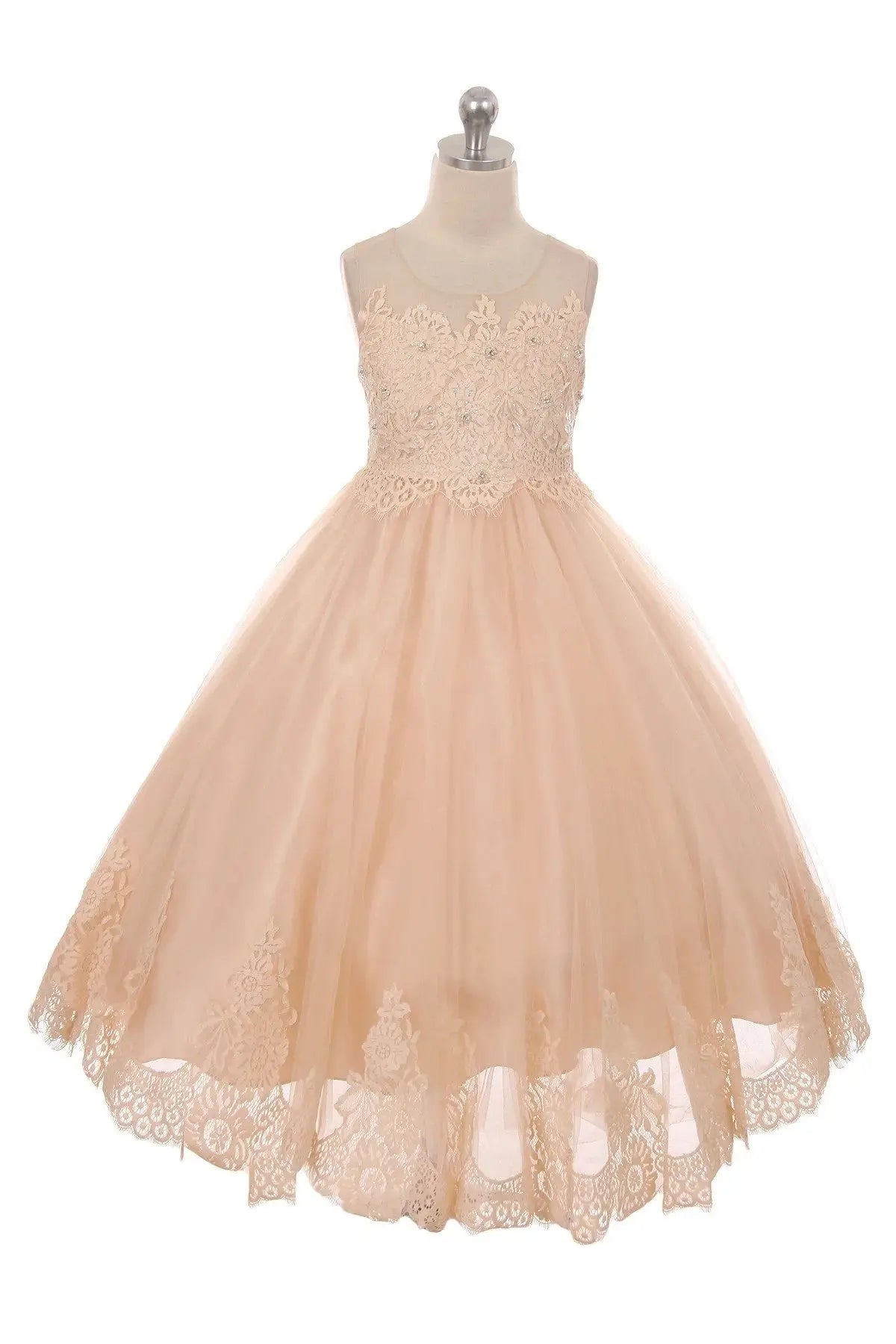 KD7007 - Lace Appliqué Illusion Bateau Dress - Vintage Rose Cadiz Boutique, Inc.