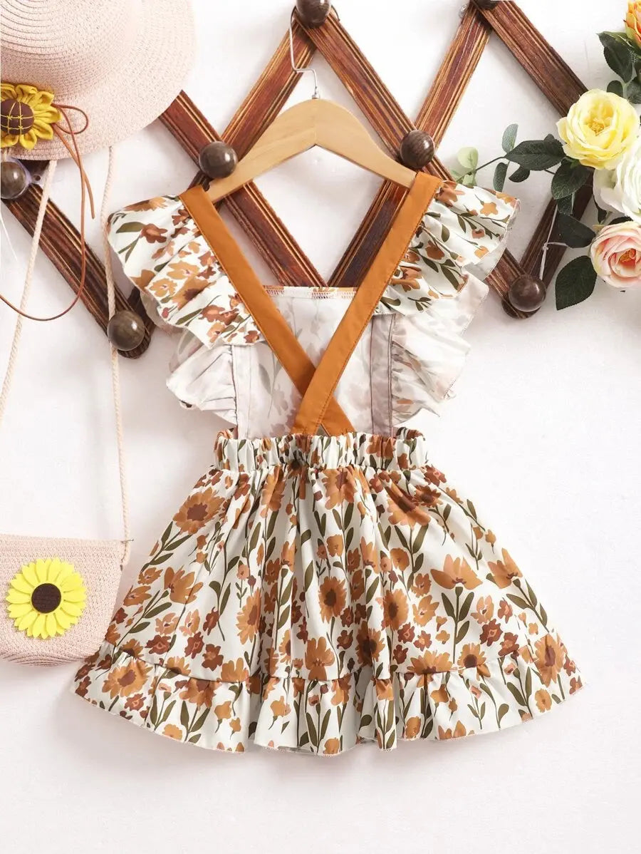 S3755 - Floral Print Ruffle Trim Overall Dress Cadiz Boutique, Inc.