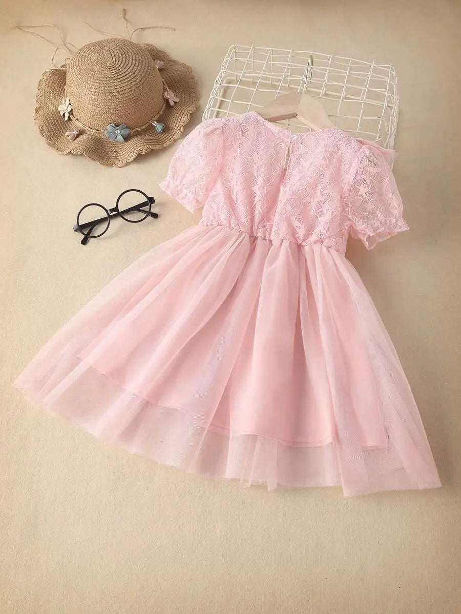 SH7438 - Puff Sleeve Ruffle Trim Mesh Hem Lace Dress Cadiz Boutique, Inc.