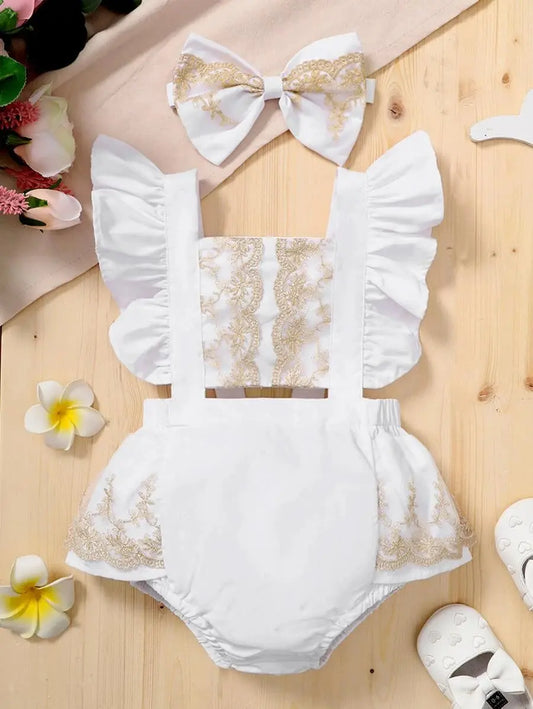 SH8226 - Embroidered Ruffle Overall Bodysuit With Headband Cadiz Boutique, Inc.