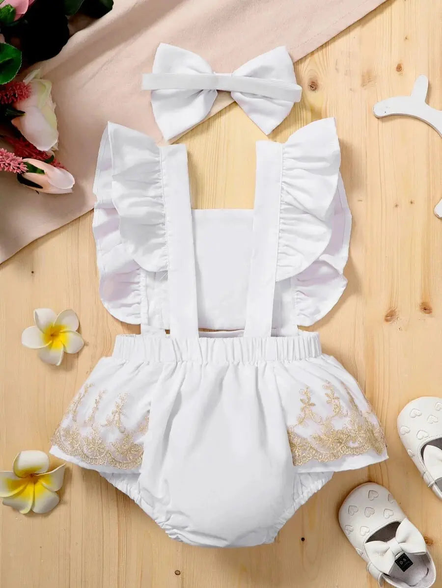 SH8226 - Embroidered Ruffle Overall Bodysuit With Headband Cadiz Boutique, Inc.