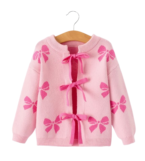TPG60028 - Pink Baby Bow Ribbon Ties Sweater Cardigan