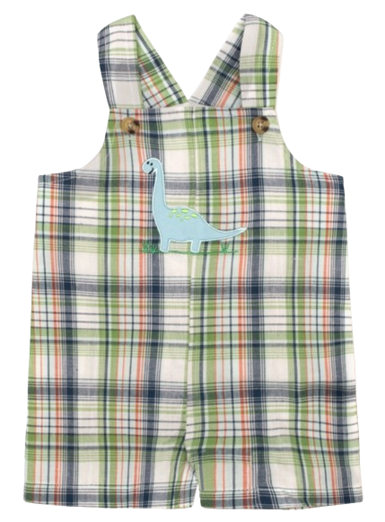 1762S7 - Good Lad Plaid Shortall with Dinosaur Applique