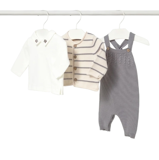 2609A - aby Boy 3pc Knit Overalls, Cardigan & Striped Shirt Set (Mayoral)