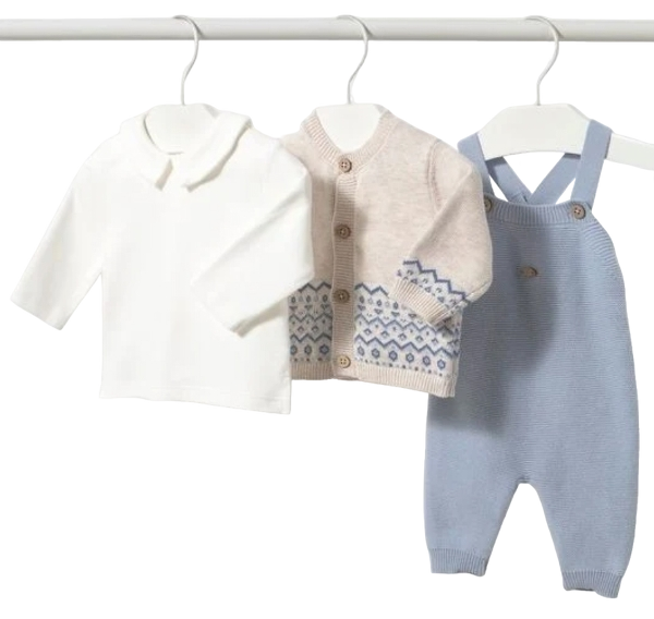 2609C - Baby Boy 3pc Knit Overalls, Cardigan &amp; Striped Shirt Set (Mayoral)