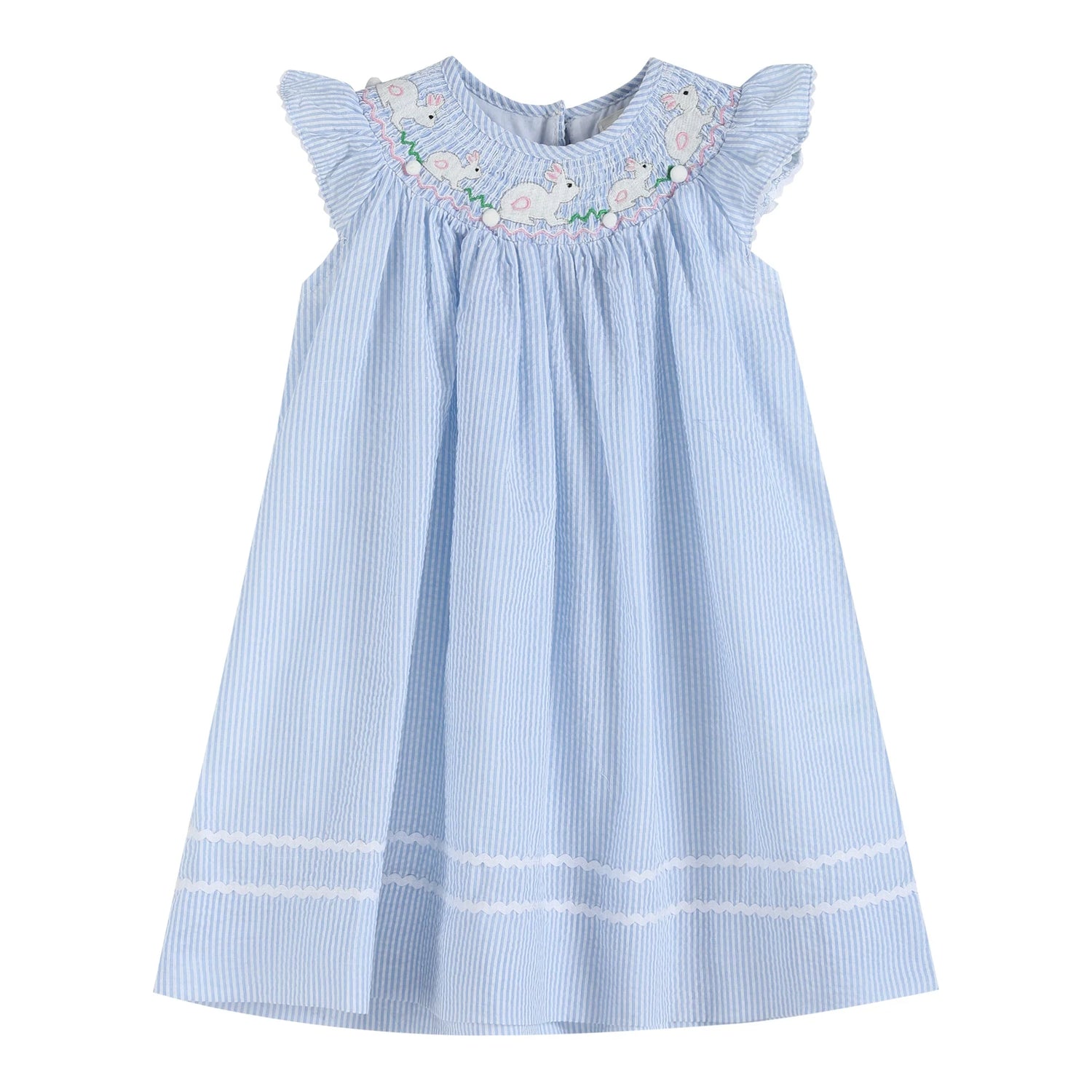 32067 - Blue Seersucker Easter Bunny Smocked Bishop Dress 2
