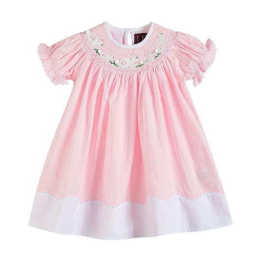 32114 - Light Pink Easter Bunny Smocked Bishop Dress