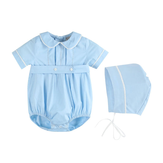 343600 - Light Blue Collared Button Romper with Bonnet