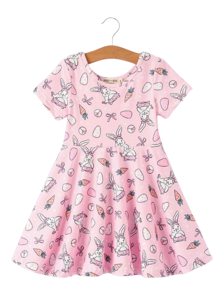 DRG60583 - Pink Easter Bunny Carrot Print Girls Short Sleeve Dress