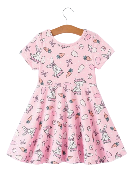DRG60583 - Pink Easter Bunny Carrot Print Girls Short Sleeve Dress