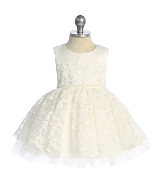 5908SI - Baby Girls All Lace Dress with a Braided Pearl Waist Sash