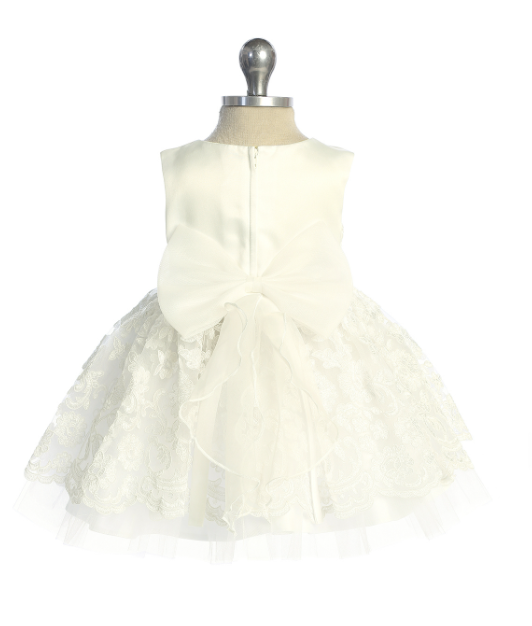 5908SI - Baby Girls All Lace Dress with a Braided Pearl Waist Sash