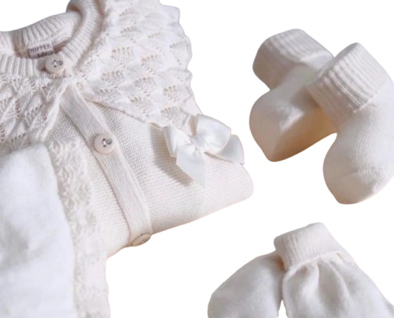 7007 - 5 Piece Knit Newborn Girl Coming Home Outfit: Organic Cotton Layette