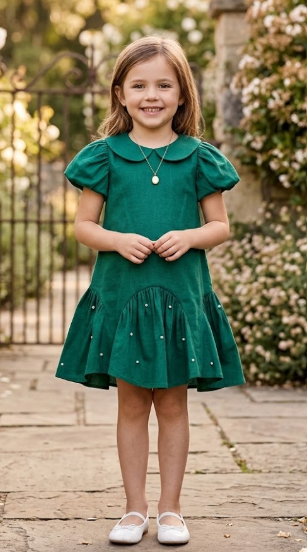 8112GN -Holly and Pearls Short Sleeve Solid Pearl Embellished Drop Waist Dress