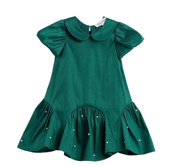 8112GN -Holly and Pearls Short Sleeve Solid Pearl Embellished Drop Waist Dress3
