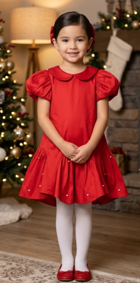 8112R -Holly and Pearls Short Sleeve Solid Pearl Embellished Drop Waist Dress