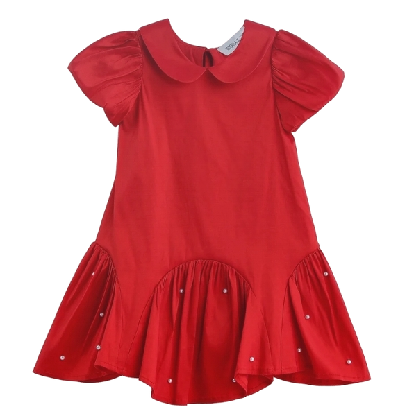 8112R -Holly and Pearls Short Sleeve Solid Pearl Embellished Drop Waist Dress2