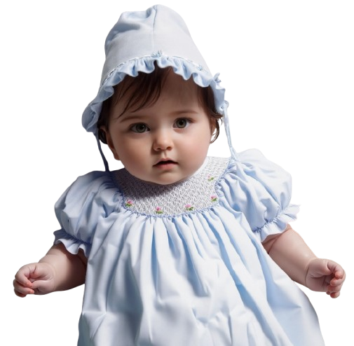 8841B - Blue Geometric Smocked with Roses Short Sleeve Dress & Beautiful Bonnet