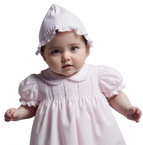 9311P - Pink Hand Embroidered & Pleated Dress with Bonnet