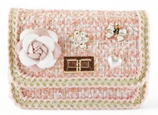 B1306A - Floral Brooch Tweed Purse - Pink