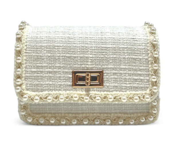 B1306 - Pearl Trim Tweed Purse - White