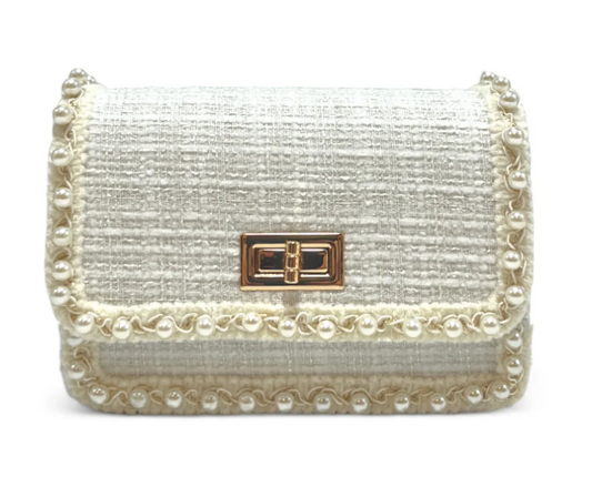 B1306 - Pearl Trim Tweed Purse - White