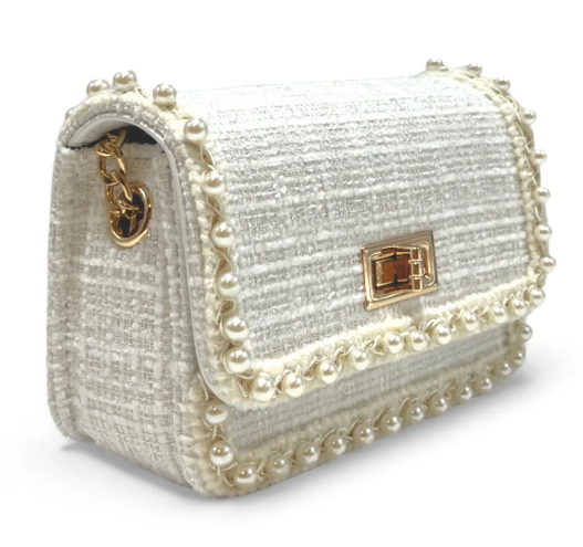 B1306 - Pearl Trim Tweed Purse - White