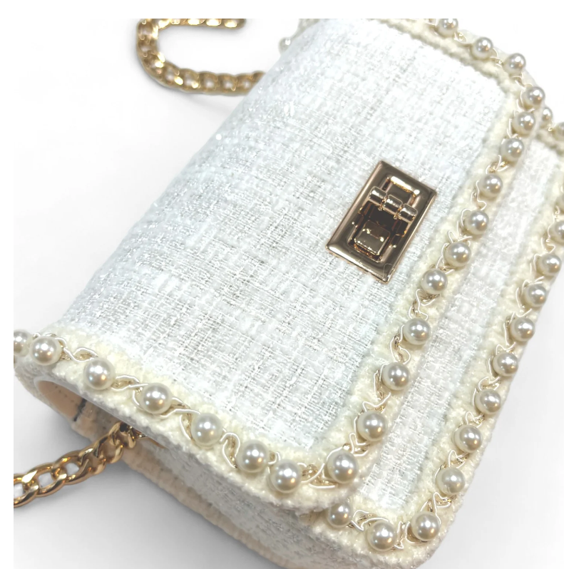 B1306 - Pearl Trim Tweed Purse - White