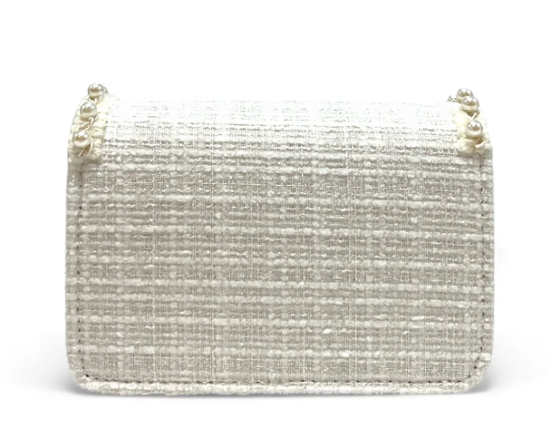 B1306 - Pearl Trim Tweed Purse - White