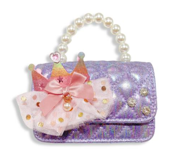 B1343P - Crown Applique Shiny Quilted Purse - Purple