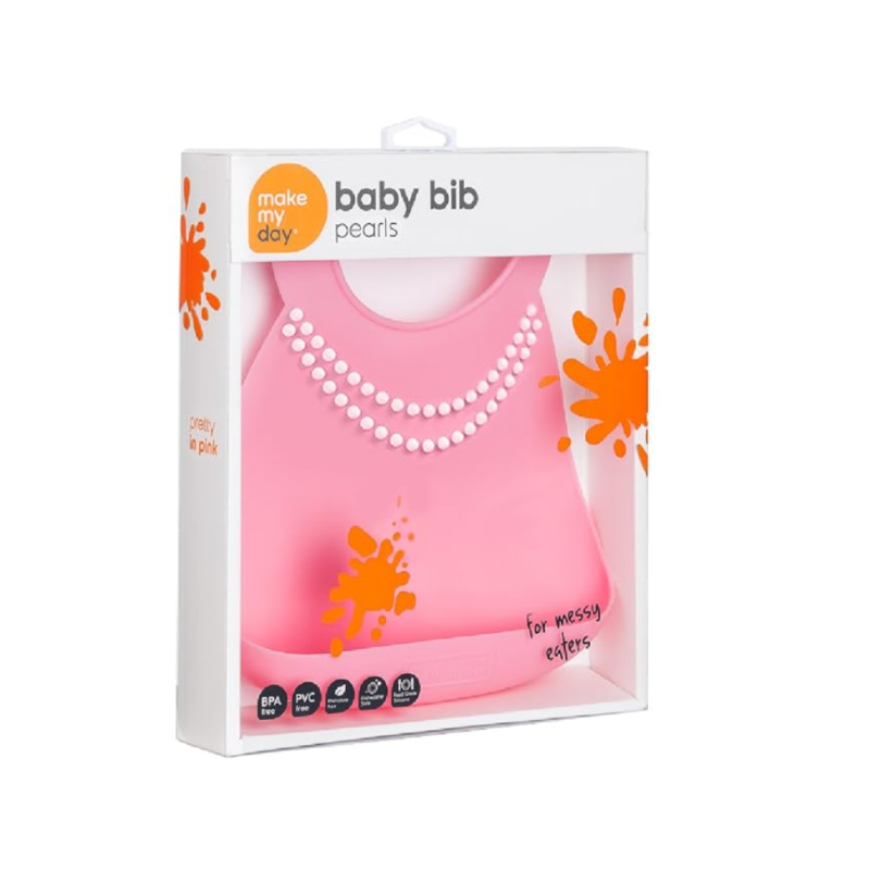 BB122 - Make My Day Soft Silicone Baby Bib Pink with White Pearls