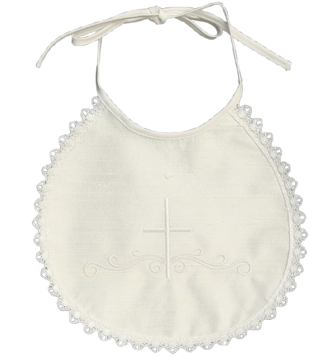 BB34 - Raw Silk Bib with Embroidered Cross & Lace Trim