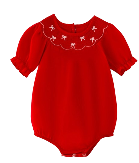 RPG41121 - Girls Bow Smocking Embroidered Red Romper