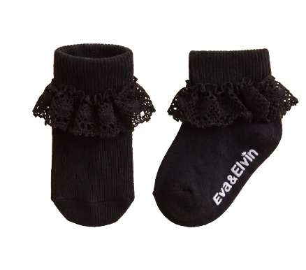 CBFD-0112 - Non-Slip Grip Ankle Socks For Kids Classic Lace Frill Black