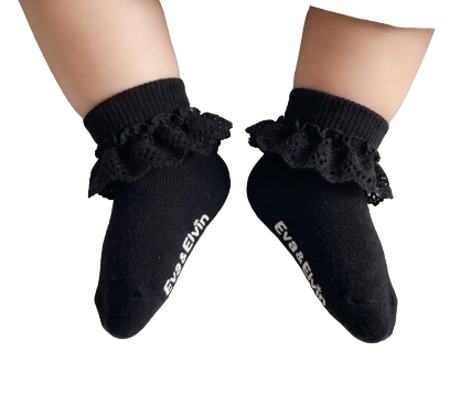 CBFD-0112 - Non-Slip Grip Ankle Socks For Kids Classic Lace Frill Black2
