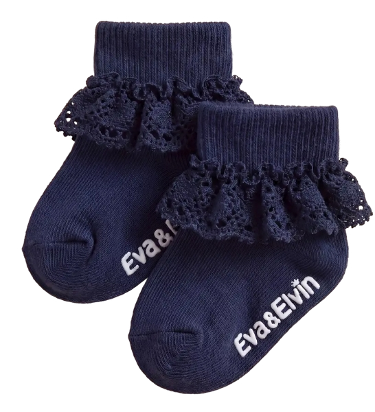 CBFD-0113 - Non-Slip Grip Ankle Socks For Kids Classic Lace Frill Navy