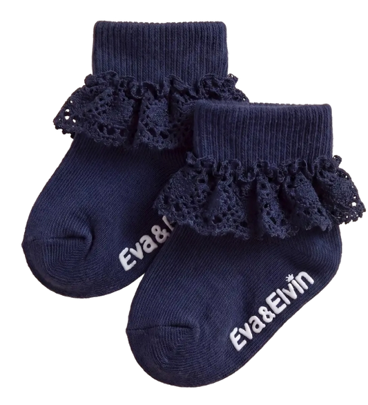 CBFD-0113 - Non-Slip Grip Ankle Socks For Kids Classic Lace Frill Navy