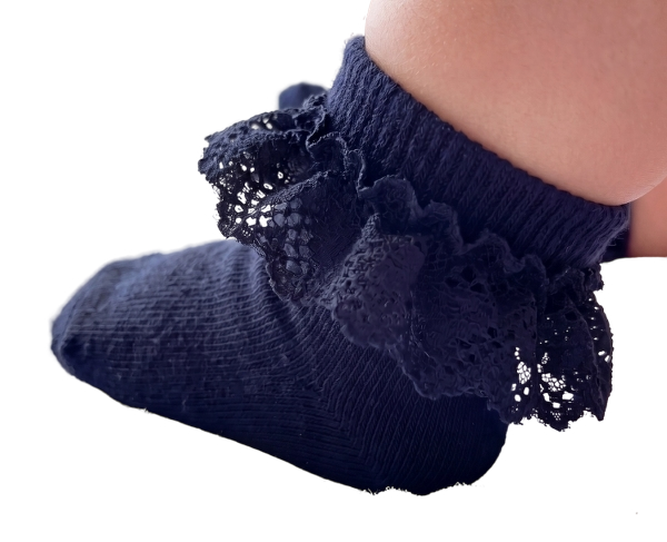 CBFD-0113 - Non-Slip Grip Ankle Socks For Kids Classic Lace Frill Navy3
