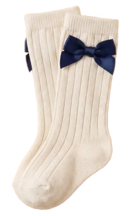 CBFF-0010 - Non-Slip Grip Knee Socks For Kids Nana Ribbon Bow Ivory