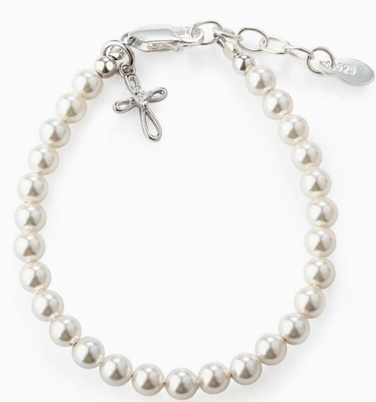 CMLACEY - Girls Silver Pearl Baby Baptism Bracelet, 1st Communion Gift