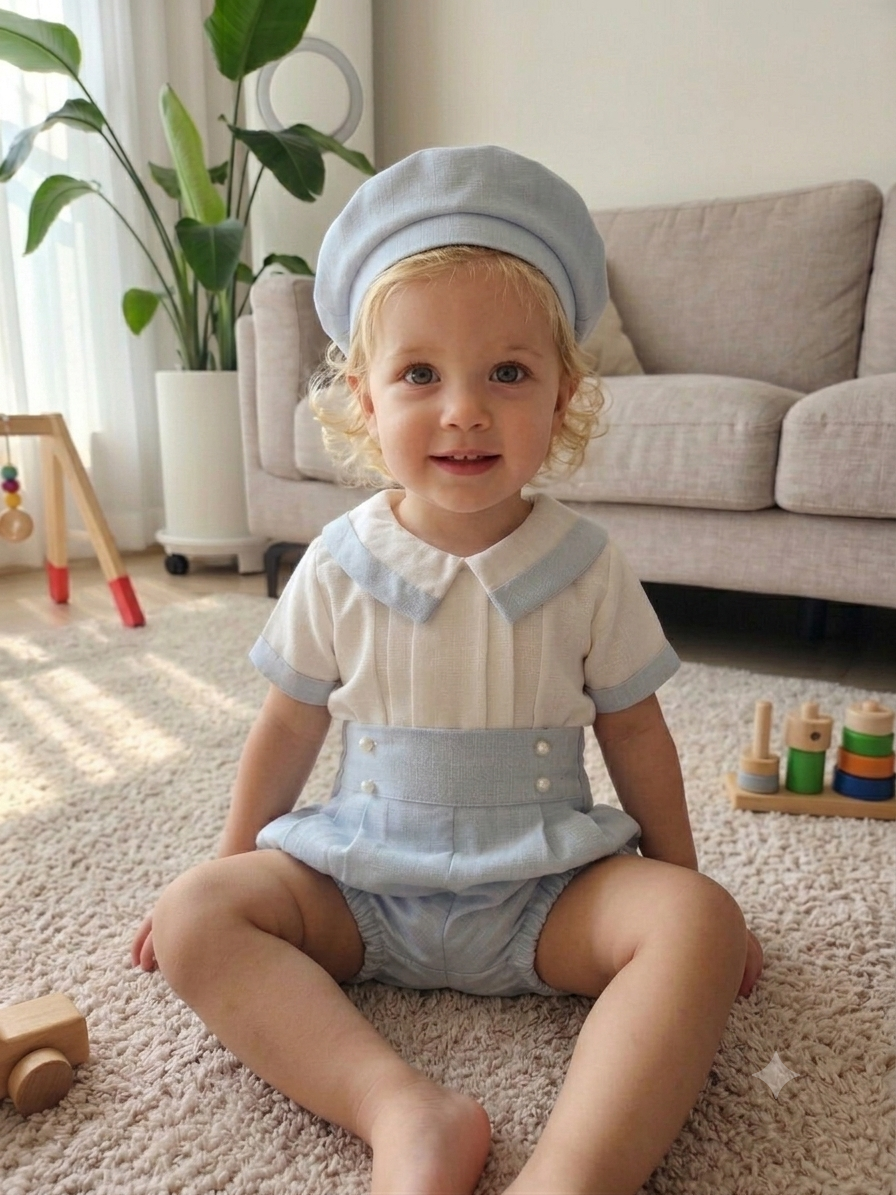 DA227 - Blue and White Linen Outfit with Hat