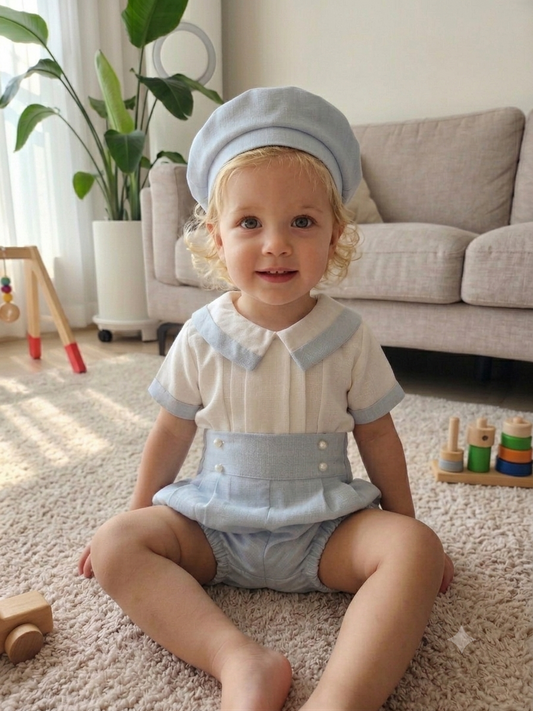 DA227 - Blue and White Linen Outfit with Hat