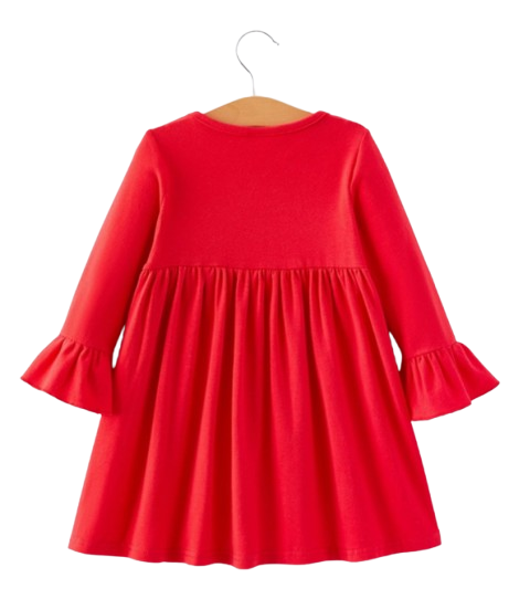 DRG42928 - Vestido para niña con bordado de frunces y lazo navideño en rojo