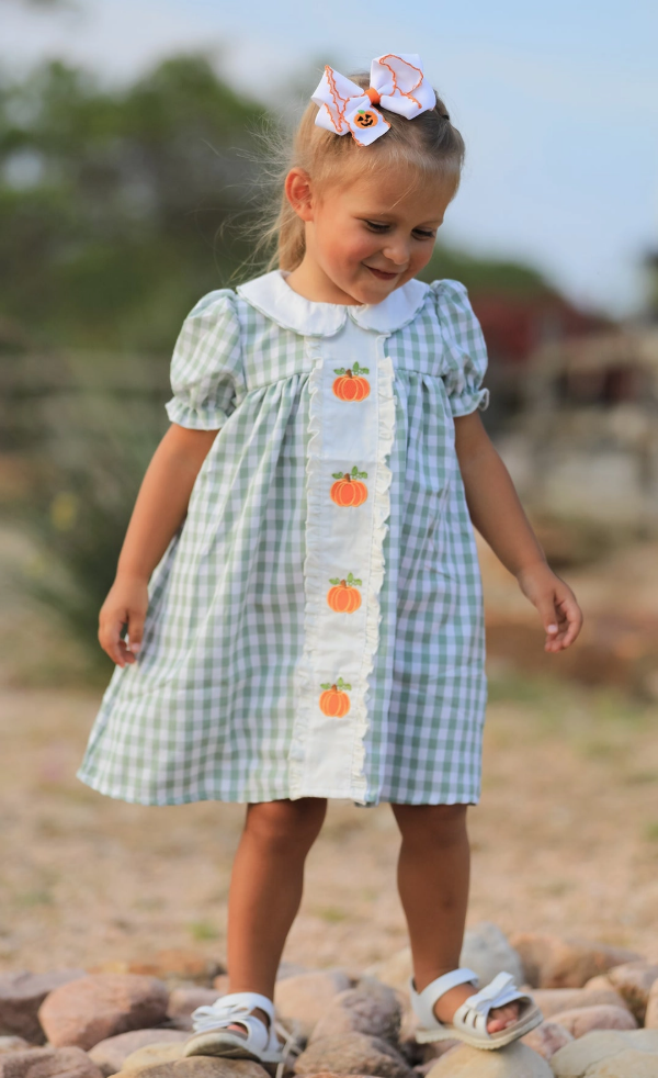 DRG53227 - Fall Halloween & Thanksgiving Pumpkin Applique Plaid Green Girls Dress