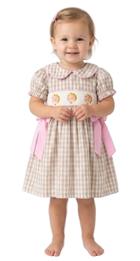 DRG53232 - Fall Thanksgiving Lapel Plaid Chick Embroidery Smocking Bow Baby Girls Dress