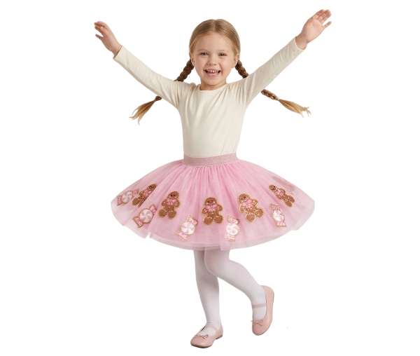 DRG54453 - Girls Christmas Tutu Skirt – Pink Mesh with Gingerbread & Candy Applique
