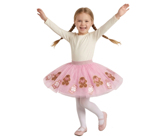 DRG54453 - Girls Christmas Tutu Skirt – Pink Mesh with Gingerbread & Candy Applique