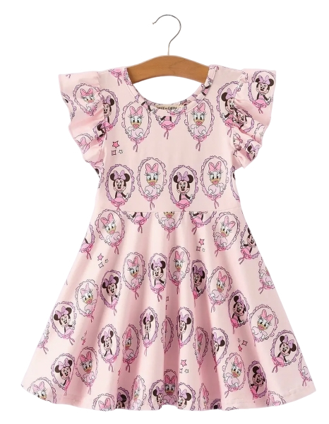DRG60570 - Pink Character Mirror Bow Print Girls' Dress