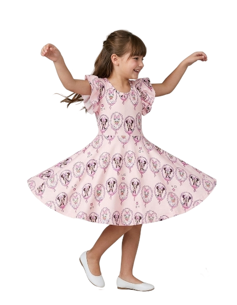 DRG60570 - Pink Character Mirror Bow Print Girls' Dress