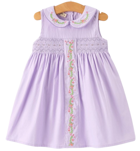 DRG60630 - Floral Embroidered Girl Dress with Lavender Peter Pan Collar